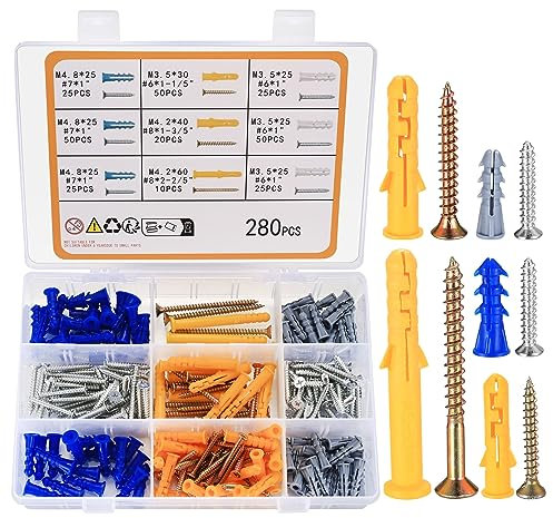 Kit assortimento di viti e tasselli per cartongesso, 280 pezzi tasselli e viti per cartongesso, tasselli ad espansione in plastica e viti a testa piatta per appendere quadri