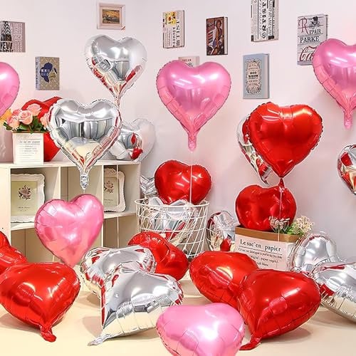 Jangostor 60 Palloncini Mylar a Forma di Cuore 25cm in Foil Rosso, Rosa e Argento per San Valentino, Compleanno, Fidanzamento, Festa di Nozze