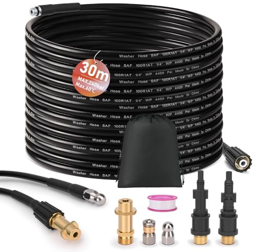 30m Rohrreinigungsschlauch inkl 3 Adapter, 2 Düsen starr + rotierend, Rohrreinigungsset für K2-K7,LAVOR,Bosch,Parkside Abflussreiniger Hochdruckschlauch Rohrreiniger Hochdruckreiniger Hose 240Bar 60°C