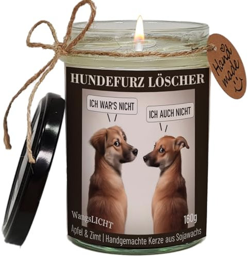 Hundefurz Löscher, Lustige Duftkerze mit Comic Hundemotive für Hundebesitzer, Hundeliebhaber, Handgemacht aus Sojawachs, 40 Stunden Brenndauer, Geschenkverpackung (Kokosnuss & Limone)