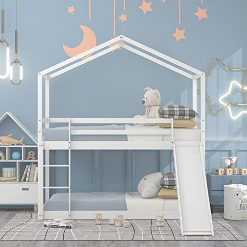 Pawom Kinderbett Hausbett 90 x 200 cm, Niedriges Etagenbett mit Rutsche, Massivholz-Etagenbettrahmen mit Lattenrost, weiß