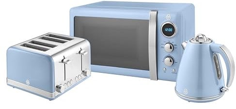 Swan Retro Kitchen Set, 1.5L Fast Boil Kettle & 4 Slice Toaster & 20L Digital Microwave, Blue, SK19020BLN, ST19020BLN, SM22030LBLN