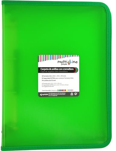 Grafoplás Raccoglitore ad anelli con cerniera A4+, verde, Multiline, 4 anelli misti 25 mm, copertina in polipropilene a righe verticali, capacità extra per fogli di carta formato foglio
