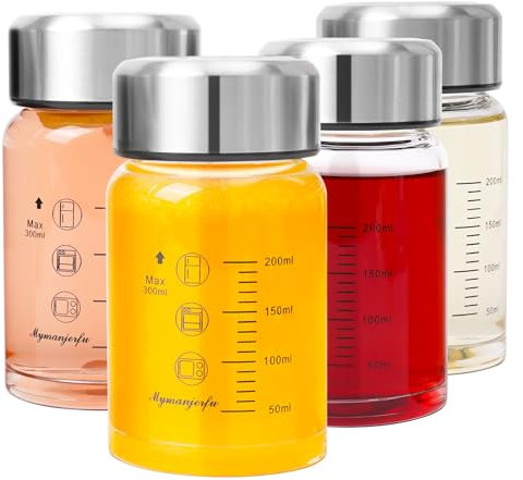4-Pack Glass Juice Bottles - 300ml/10oz Wide Mouth Borosilicate Glass Bottles with Leakproof Stainless Steel Lids – BPA-Free, Reusable, Dishwasher Safe, Ideal for Juices, Smoothies, Protein Shakes