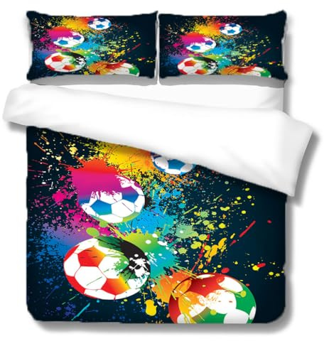 goodbath Double Duvet Cover Sets, Football Bedding Set 2 Pillowcase | 3D soccer Soft Brushed Microfiber Bed Duvet Cover 3 Pieces for Boys Girls Teens,Black