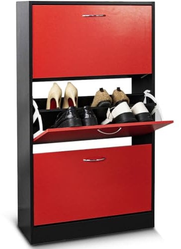 BAKAJI Scarpiera Salvaspazio Slim Portascarpe in Legno Melaminico con 3 Ante a Ribalta e Doppia Profondità Dimensioni 60 x 24 x 120 cm (Rosso e Nero)