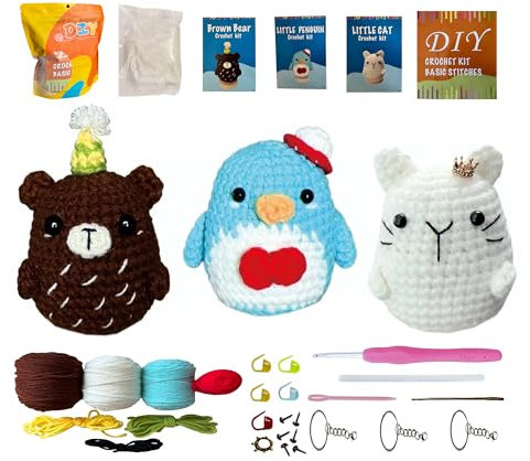 51buyoutgo Häkelset für Anfänger, Erwachsene, Kinder: Tierbär, Pinguin, Katze - Häkeln, Starter-Set, Videoanleitung (inkl.)