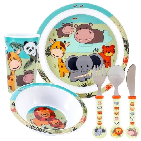 Animal Kids 6 Piece Reusable Dinner Set - Plate/Bowl/Cup/Knife/Fork/Spoon - Childrens Dinnerware Tableware Cutlery Set
