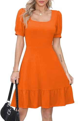 Missufe Robe d'été pour femme - Robe patineuse à volants - Manches bouffantes - Manches courtes - Swing - Robe de loisirs, Orange, L