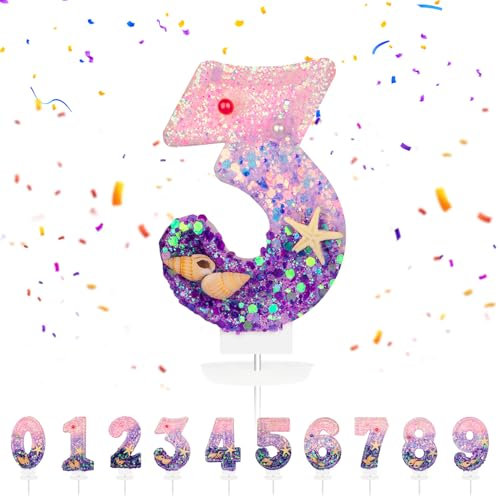 Geburtstagskerzen Zahlen 3, Meerjungfrau Geburtstag Kerzen 3 Zahlenförmige Kerze, 3D Tortendeko, kuchen Dekoration für Geburtstag Party, Hochzeiten, Firmenfeiern, Jubiläen, Birthday Candle Nummer