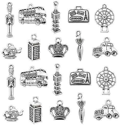 Ornazy 100pcs 10 Styles Tibetan London Charms Antique Silver Crown Umbrella Windmill Big Ben Travel Charms for Jewellery Making