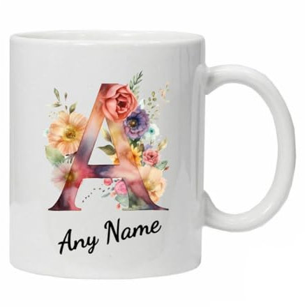 Personalised Mug Cup Watercolour Beautiful Floral Initial Name Tea Coffee Boxed Gift Christmas Gifts for Her Drinkware Ceramic (Letter A)