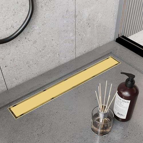 Zenomize 24 Inch Linear Drain Shower Drain Gold Floor Drain with Removable SUS304 Stainless Steel CUPC Certificate and 2-in-1 Tile Insert Grate Cover