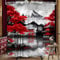 LIGHTINHOME Duschvorhang mit japanischen Kirschblüten, 152,4 x 183,9 cm (B x H), Schwarz / Rot, asiatischer Bergsee, Vintage, Anime, Natur, Wald, Stoff, Stoff, wasserdicht, Polyester, Badezimmer,