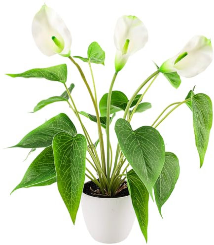 Folmywy Flores artificiales de lirio de cala de 16 pulgadas, lirio de la paz falsas en maceta, plantas de seda blanca, bonsái sintético, vegetación realista, centros de mesa, oficina, interior y