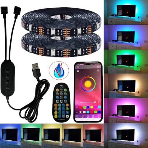 FOLGEMIR 2 Meter (2x 1M) RGB LED Streifen dimmbar, Bluetooth/APP kontrollierte TV USB Hintergrundbeleuchtung mit RF Fernbedienung, 5050 RGB Strip für HDTV TV Beleuchtung, wasserdicht IP65