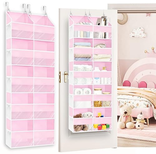 Ofiray-home Over the Door Organiser with 5 Tiers and 10 Compartments, Extra Large Hanging Door Storage with 4 Hooks, 36kg Weight Capacity, Bedroom Wardrobe or Nursery Nappy & Toy Storage – Pink