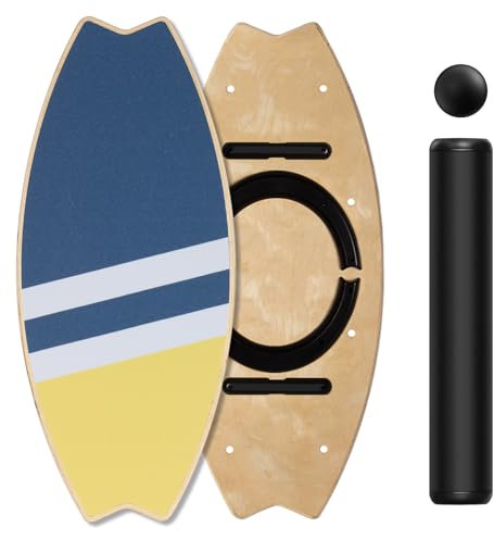 Leogreen Balance Board aus Holz, 7 Modi Wackelbrett Indoorboard Skateboard Indoor Surfboard, Gleichgewichtsboard, mit Verstellbaren Stoppern, Blau gelb