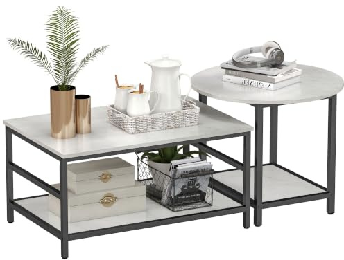 HOMCOM Beistelltisch 2er-Set Moderner Couchtisch mit Ablage, Weiß | Stahlgestell, Wohnzimmertisch, Kaffeetisch, Wohnzimmer, Schlafzimmer, 80x54x41cm