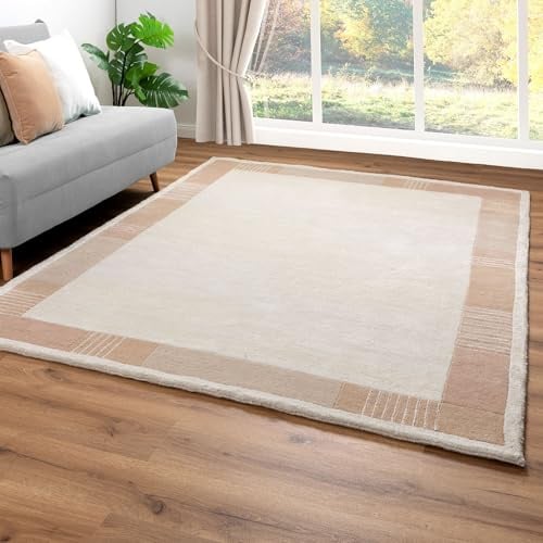 Steffensmeier Nepal Teppich Pokhara | Bordüre | Wohnzimmer | Neuseelandwolle | Rund | Creme Beige, Größe: 170x240 cm