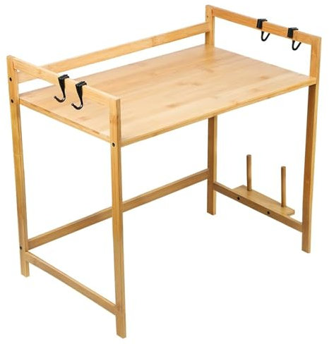Stand per microonde espandibile, ripiani di stoccaggio di 2 strati da cucina, organizzatore di banconi in cucina in bambù con slot tagliente e 4 ganci/22x14x16, 5 pollici