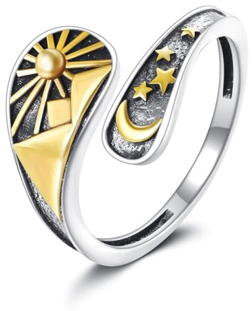 DAYLINLOVE Sonne und Mond Ring 925 Sterling Silber Sonne Mond Stern Berg Löffelring Sonne und Mond Schmuck Geschenke für Frauen