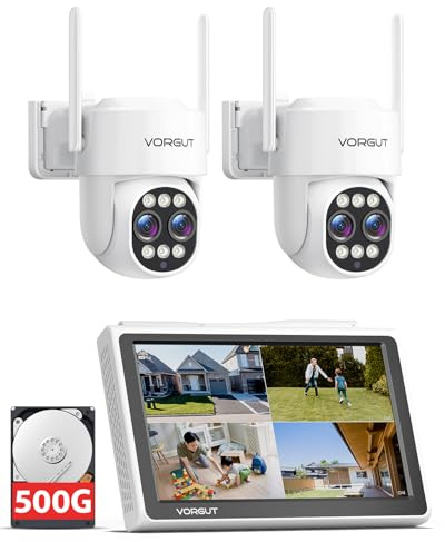 VORGUT Security Camera Wireless Outdoor System with Monitor, 2pcs Dual Lens 10X Optical Zoom PTZ Cameras for Home Surveillance, Color Night Vision, Auto Tracking, Human Detection, 10CH NVR, 500GB HDD