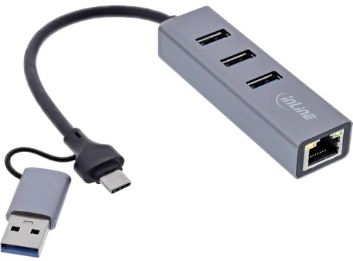 InLine 4in1 USB auf Ethernet Adapter, USB-C auf RJ45 Gigabit LAN Netzwerkadapter, mit 3 USB-A Ports (3.2 Gen.1), für MacBook, Windows, Linux, 33380S