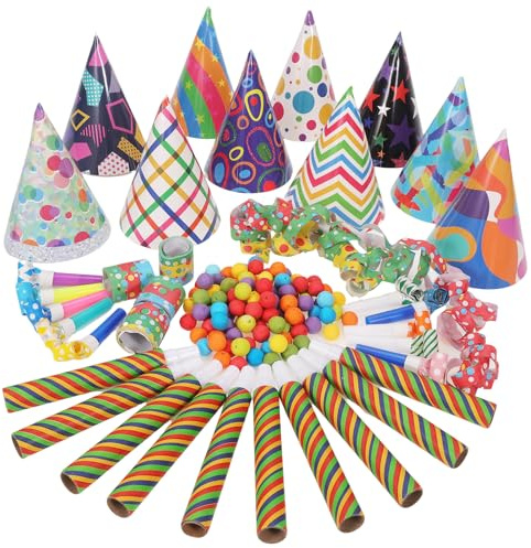 DPKOW 2026 Silvester Accessoires Set für 10 Personen, Bunte Partyhüte Wattekugeln Blasrohre Partytröten Luftschlangen für 2026 Silvester Deko Zubehör Silvesterparty Gadget Neujahr Party Accessoires
