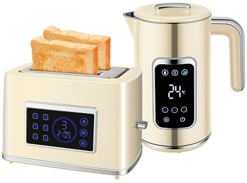 HOMCOM Wasserkocher Toaster Set 1,7L Edelstahl Wasserkocher 2 Scheiben Toaster mit 6 Bräunungsstufen, LED-Touchscreen 2200W Frühstücksset mit Memory-Funktion, Auftauen, Aufwärmen, Krümelfach Creme