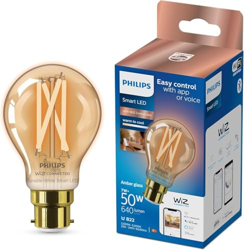 Philips Smart Wiz Connected Vintage LED Light Bulb, B22, Dimmable, 640 Lumens, Tunable, Warm White or Cool White, Alexa and Google Compatible, App and Voice Control
