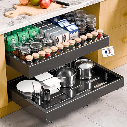 Kiseely Pack de 2 organisateurs de placard extensibles avec adhésif, largeur réglable de 32 à 53 cm, tiroirs coulissants et tiroir coulissant pour casseroles et poêles, adhésif sans vis (Noire VF1)