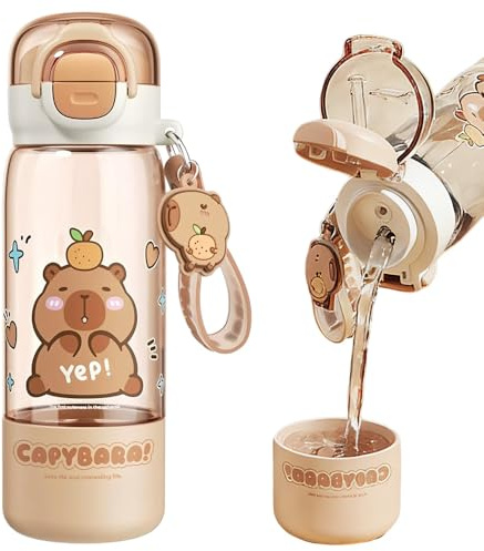 Foreverup 510ml Capybara Water Bottle With Lid, Straw & Keychain, Capybara Drinking Bottle, Cute Water Bottle With Silicone Straw Drinking Cup & Spout Portable Heat Resistant for School Child