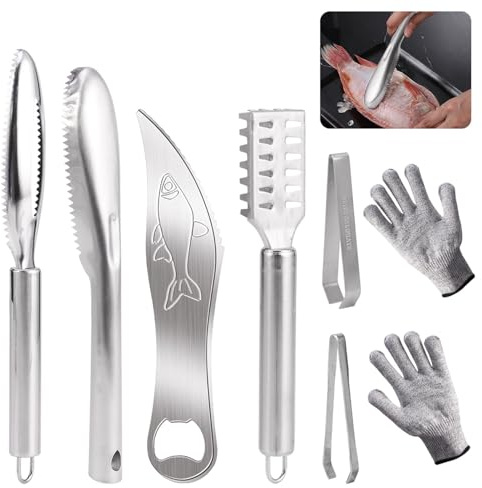 8pcs Fish Scaler Remover,Fishs Scaler Tool,Stainless Steel Fish-Scaler with Antiscratch Gloves,2 Fish Bone Tweezers,Kitchen Fishscale Cleaner Scraper Fish-Skin Grater Peeler