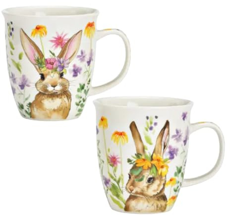 Generisch Osterkaffeetassen Set mit Hasen und Blumen Design, Weiß, 2er Set, Frühling Motiv, 13x10x10 cm 420 ml, tolles Geschenk für Erwachsene und Kinder, Kaffeebecher mit Osterhase