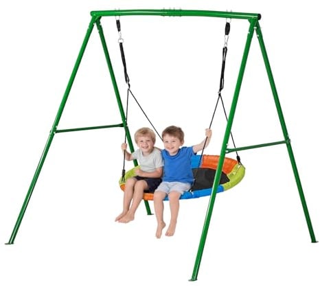 VEVOR Juego de Columpio Infantil Exterior, 184 x 180 x 181 cm, Juego de Columpio de Jardín para Niños, Capacidad de Carga 199,6 kg, con Asiento Nido Estacas, Marco de Acero, para Terraza Patio, Verde