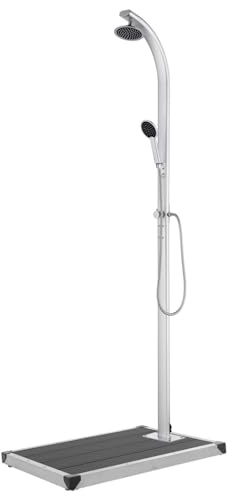 Gecheer 220 cm Gartendusche mit Grauer Bodenplatte, Aluminium | Bodenplatte für 1 Person, Außendusche Regendusche Duschsäule für Garten Pool Terrasse Camping