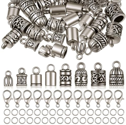 112 Pcs Cord End Caps for Jewelry Making, 8 Styles Silver Bead Caps Antique Tibetan Tassel End Cap with Lobster Claps Metal Jump Rings Crimp Beads Covers for Bracelet Necklace Making