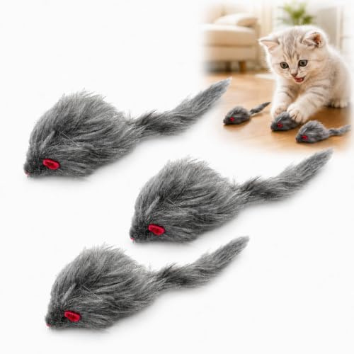 WHJYCC Faux Fur Mouse Toys For Cats, 3-Pack, 6.7 in, Grey Long-Haired | Realistic Mice Design, Interactive Chew, Chase, Batting And Pouncing Play, For Indoor Self-Play And Everyday Exercise