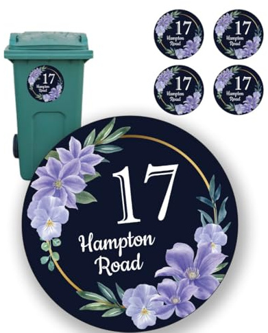 Personalised Bin Number for Wheelie Bin Stickers Set of 4 A6, Custom House Number & Street Name, Waterproof Vinyl Decal, Purple Floral Design