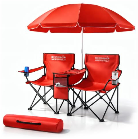 RMF PRO Set con Ombrellone e 2 Sedie da Esterno ideale per Mare o Campeggio, con Borsa Termica Centrale e Portabevende - Ideale anche per Pesca, Struttura in Acciaio con Custodia per Trasporto (Rosso)