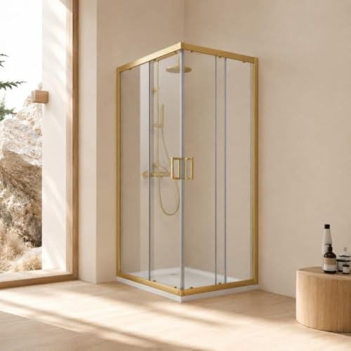Kiamami Valentina - Cabine de douche carrée 90 x 90 cm avec profils or brossé, verre trempé transparent 6 mm, hauteur 190 cm, ouverture coulissante, City