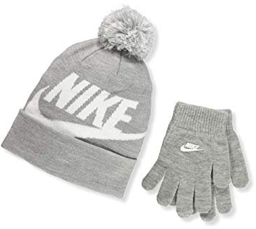 NIKE NAN Swoosh Pom Beanie GLV Set Apparel 042-DK Grey Heather Taglia Unica Bambini e Ragazzi