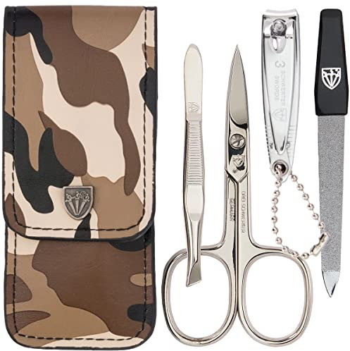 DREI SCHWERTER - 4-tlg. Nagelpflegeset 'Capri' | Hochwertiges Nageletui für Maniküre und Pediküre. Farbe: Kunstleder in Camouflage | Inhalt: Nagelschere, Nagelknipser, Pinzette, Saphirnagelfeile