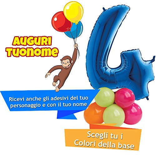 Dolce idea Composizione Personalizzata Mylar Sagoma Numero 4 Blu con Adesivi di Curioso Come George e del Tuo Nome, Base Pallocini e Kit Fai da Te, Addobbi Festa Compleanno