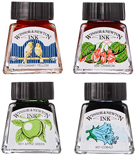 Winsor & Newton 1090105 Zeichentusche Set, 4 Farben, wasserbeständig für Illustratoren, Grafikern, Kalligraphen und Künstler - Kobaltblau / Apfelgrün / Kanariengelb / Karmesinrot