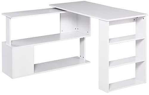 HOMCOM Escritorio Esquinero Giratorio Escritorio en L con Estantería Mesa de Escritorio con Estantes para Oficina Estudio 120x110x74,5 cm Blanco