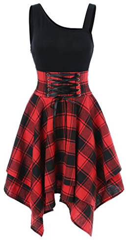 Ni_ka Robe irrégulière sans Bretelles à Bretelles croisées et à Carreaux Casual Robe