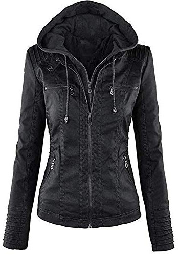 Newbestyle - Giacca in pelle da donna con cerniera, cappotto corto con cappuccio Nero S