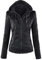 Newbestyle - Giacca in pelle da donna con cerniera, cappotto corto con cappuccio Nero S